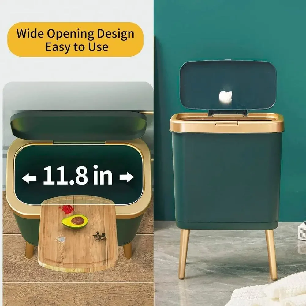 Small Trash Can with Lid 4 Gallon Push Button Waste Bin Gold Edge Bathroom
